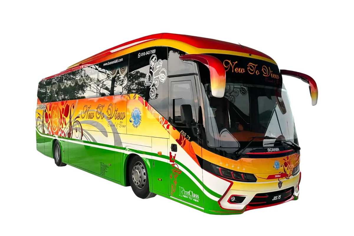 red, yellow and green Scania coach on a white studio background